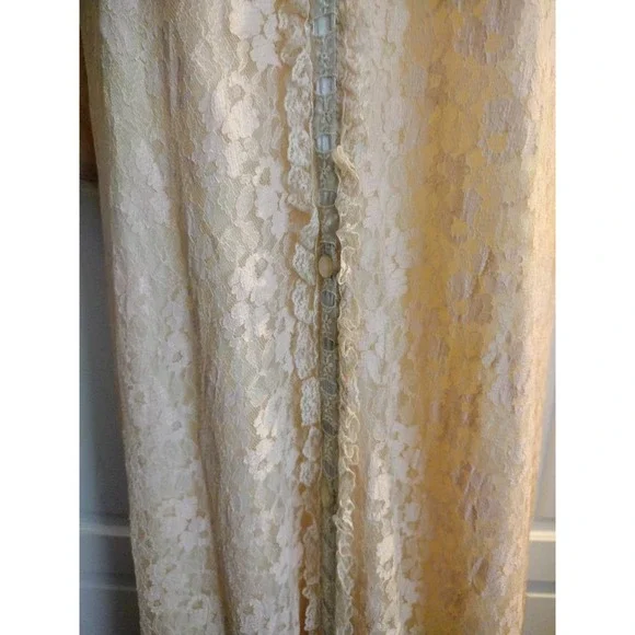 Vintage 1960s Miss Elaine Peach Pink Lace Long Robe Gown 3/4 Sleeves Lined M